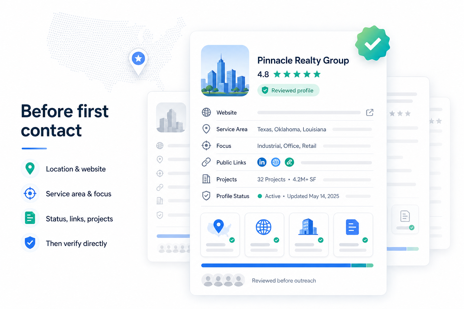Illustration of a U.S. real estate company profile checklist showing location, focus, links, status, and projects info.