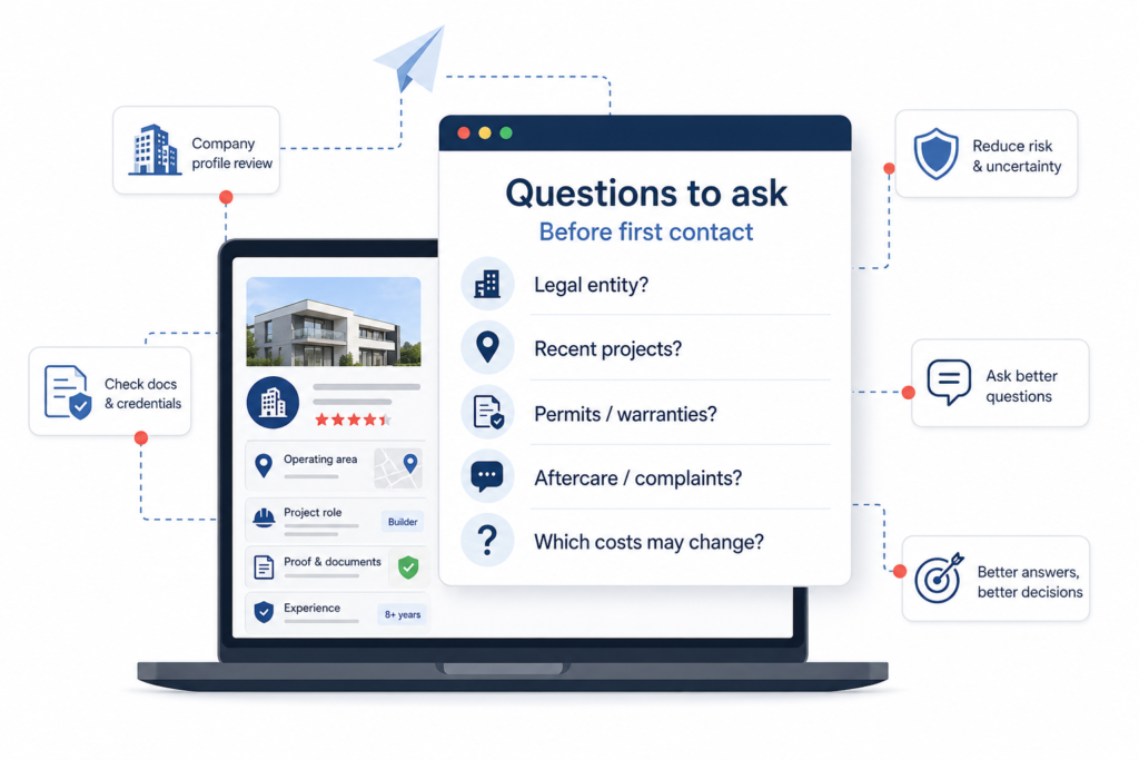 Illustration of real estate company questions to ask before first contact, including legal entity, projects, permits, aftercare, and costs.