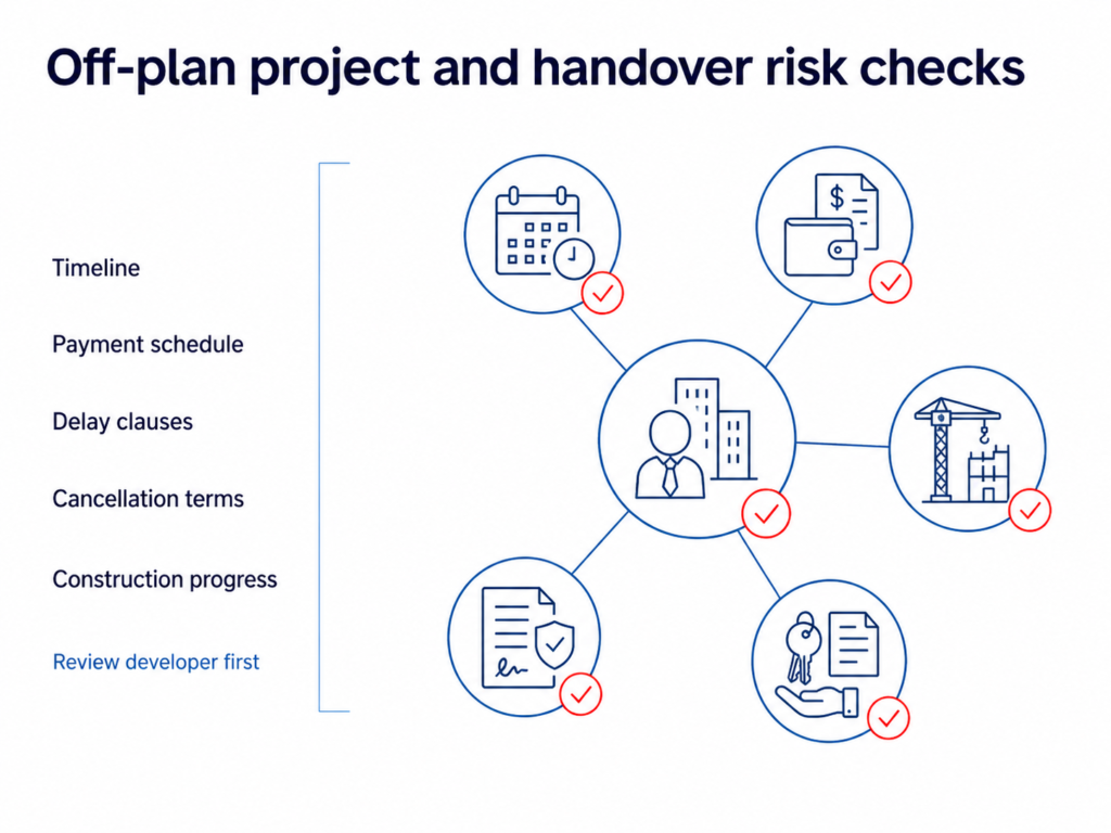 Off-plan Thailand property infographic showing timeline, payment schedule, delay clauses, handover checks and developer review