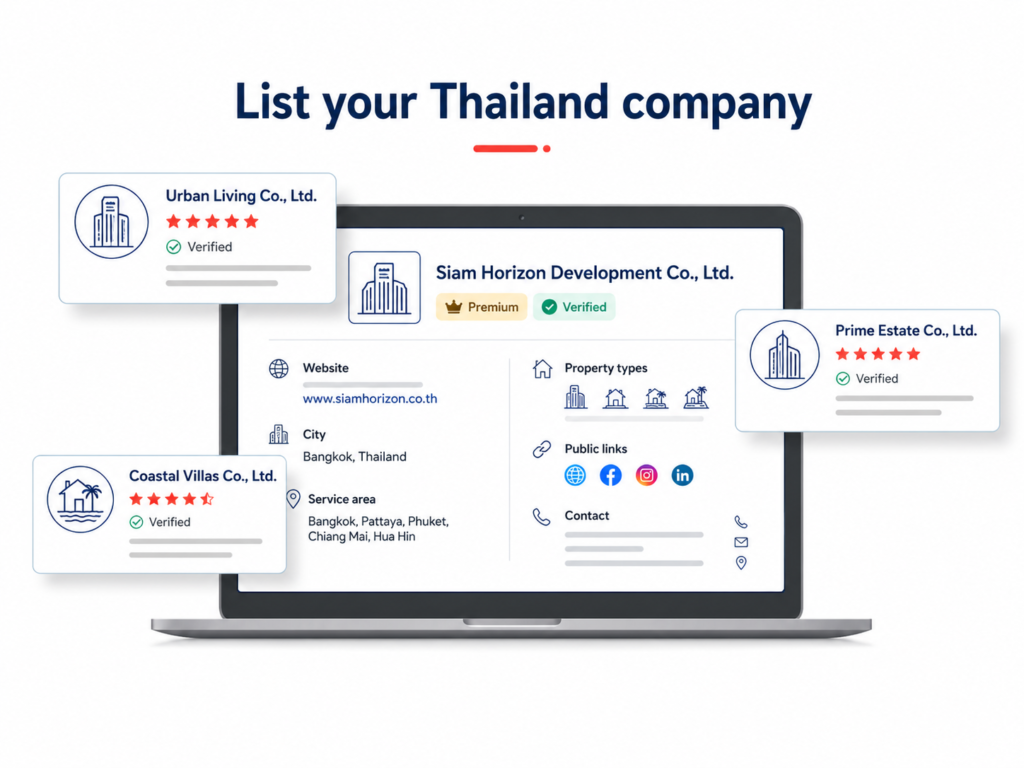 Thailand real estate company listing infographic with laptop profile, premium badge, verified status and public links UI.