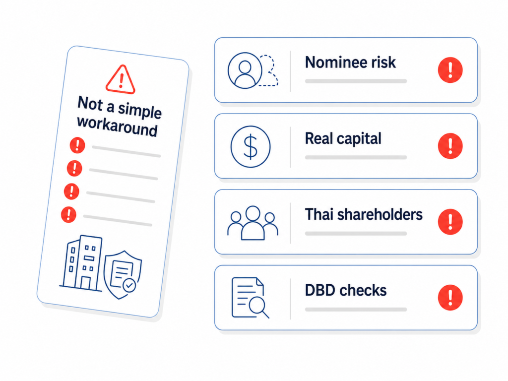Thailand real estate infographic on Thai company legal risks, nominee risk, real capital, Thai shareholders and DBD warnings.