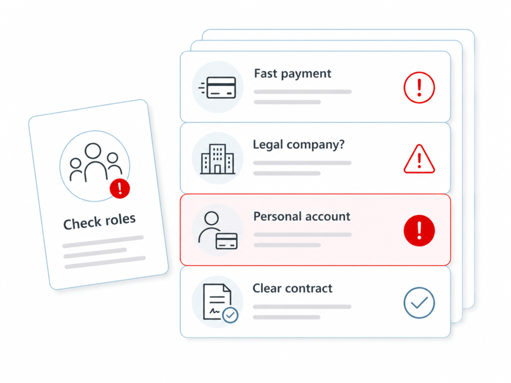 Thailand real estate infographic showing fast payment, legal company, personal account, clear contract and role checks risks.
