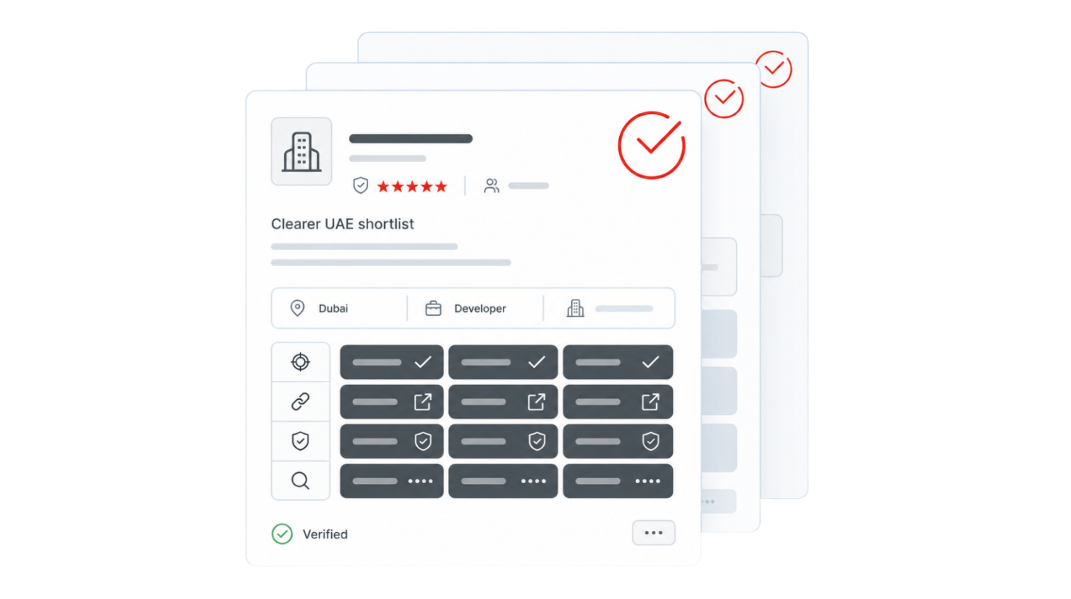 UAE real estate shortlist infographic showing company cards, verified status, Dubai developer filters and profile list view.1