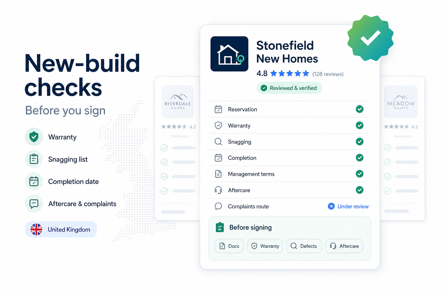UK new-build checklist graphic showing warranty, snagging, completion, aftercare, and complaints checks before signing.