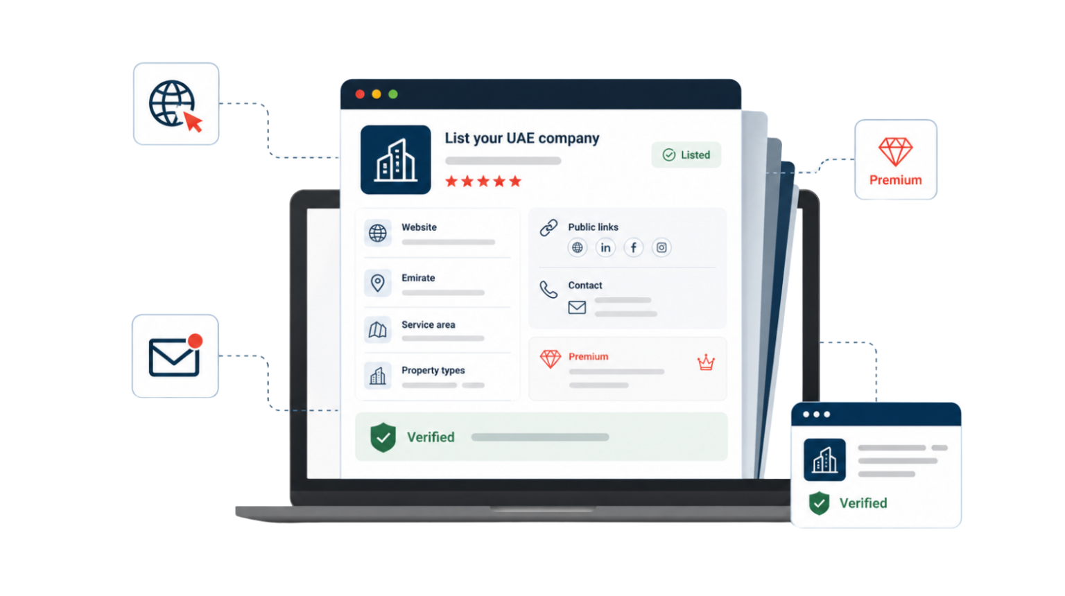 United Arab Emirates real estate company profile infographic with laptop dashboard, listed, premium and verified profile UI.