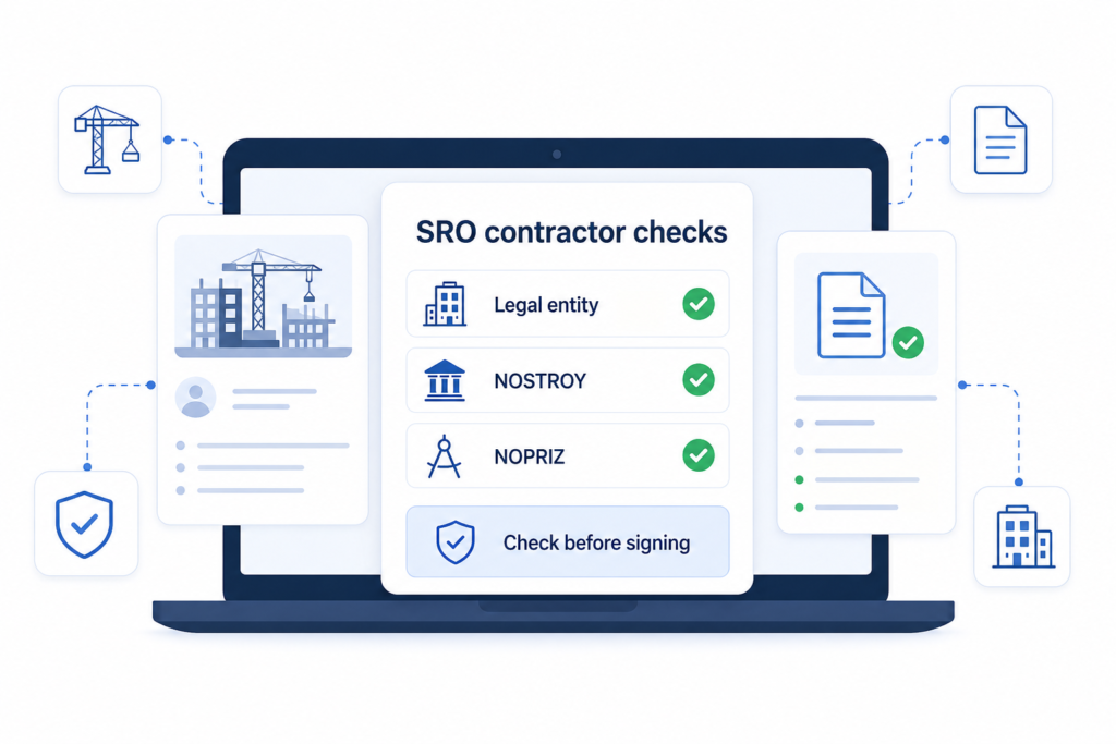 White infographic shows SRO contractor checks for legal entity, NOSTROY and NOPRIZ verification before signing in Russia