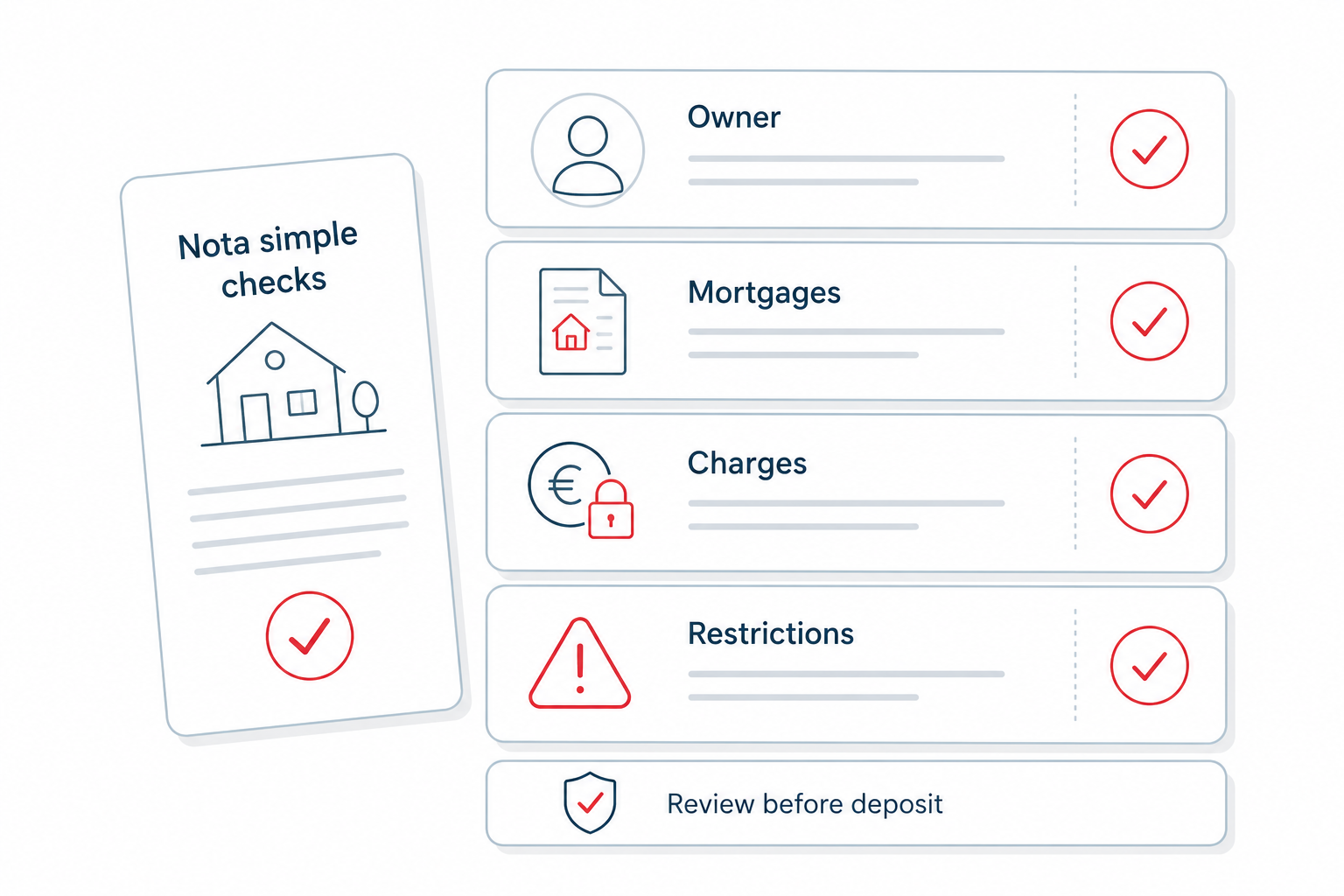 White infographic shows nota simple checks for owner, mortgages, charges and restrictions before Spanish property deposit