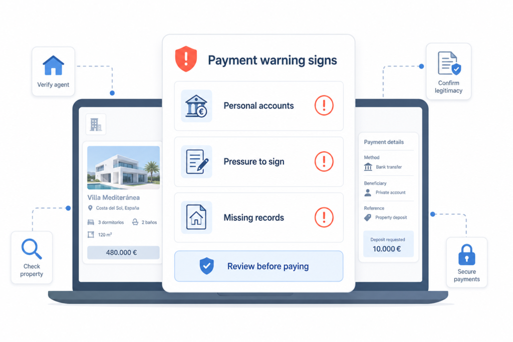 White infographic shows payment warning alerts personal accounts, pressure to sign, and missing records before payment.