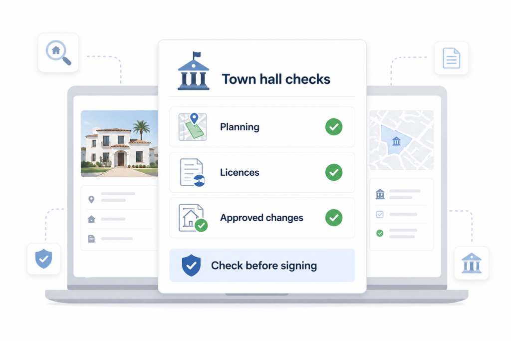 White infographic shows town hall checks for planning, licences, approved changes and permits before property sign-offs.