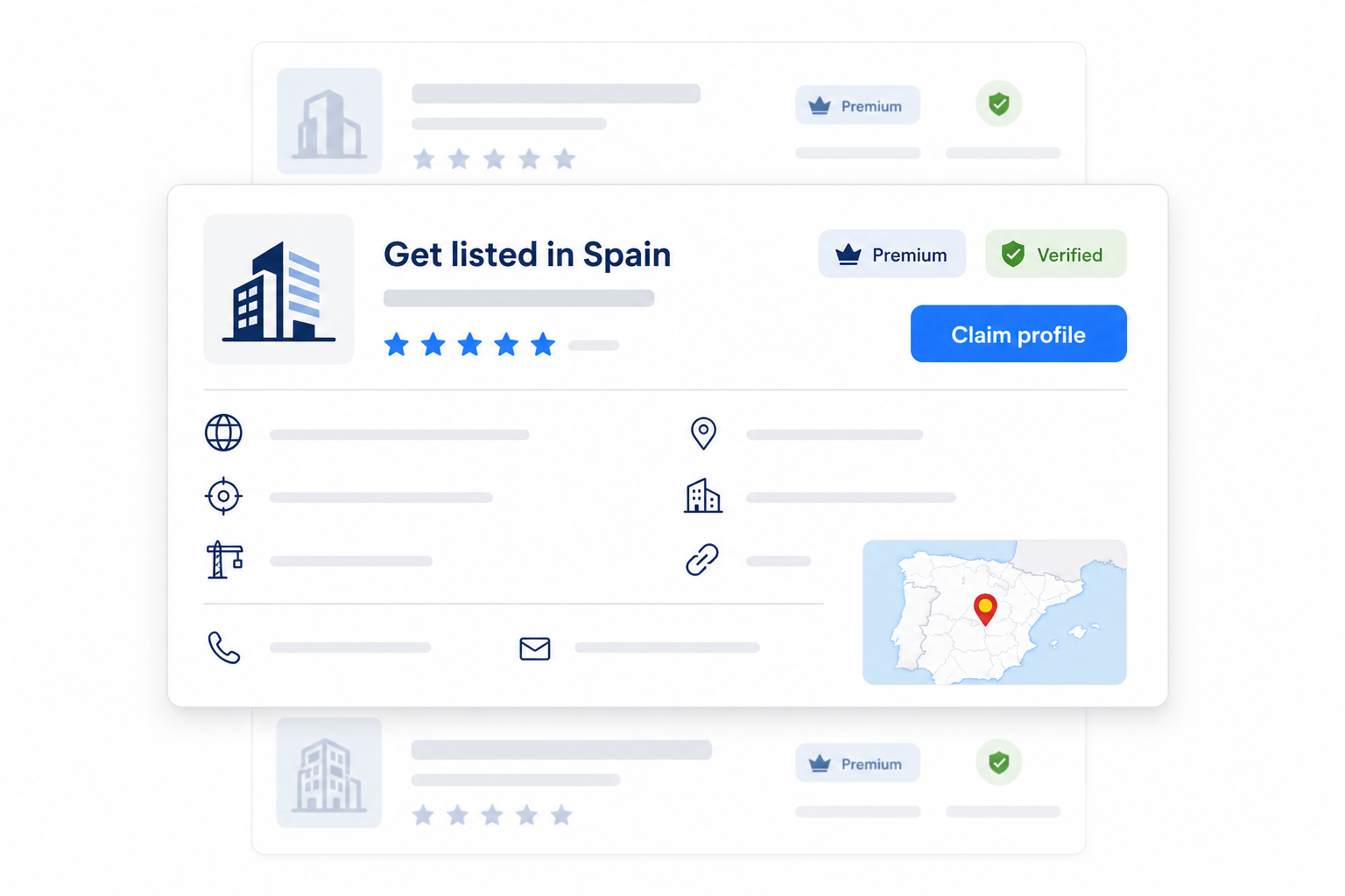 White profile card shows Spain real estate company listing with Premium, Verified badge and Claim profile button online.