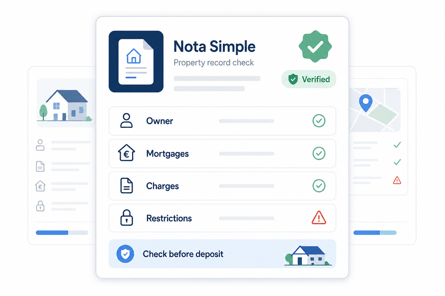 White property record dashboard shows nota simple checks for owner, mortgages, charges and restrictions before deposit.