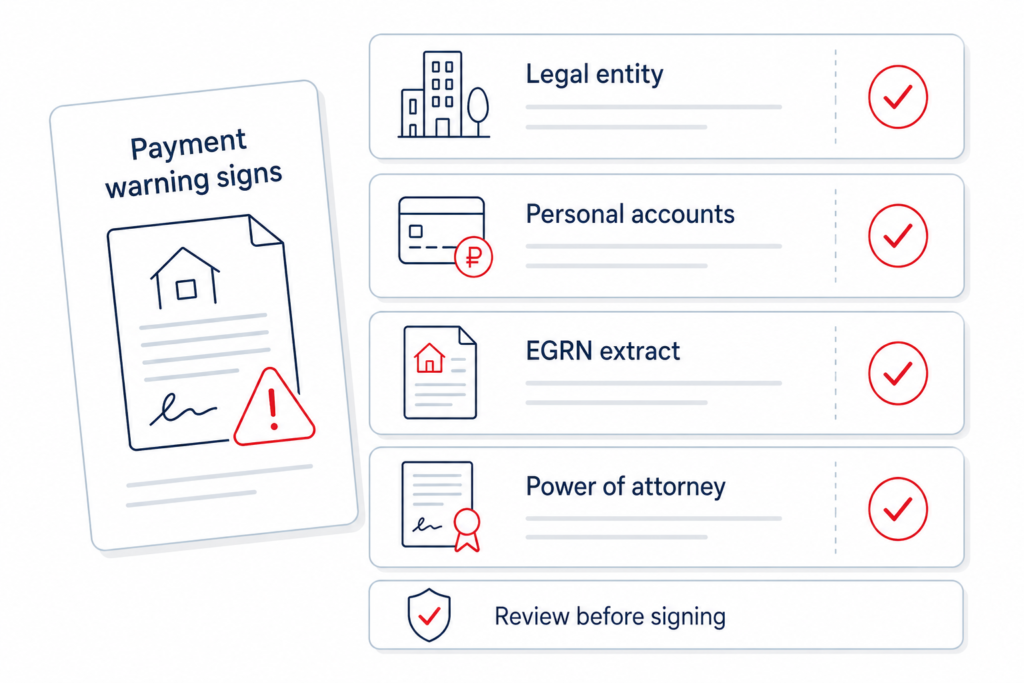 infographic shows Russia property payment warning signs legal entity, personal accounts, EGRN extract, power of attorney.