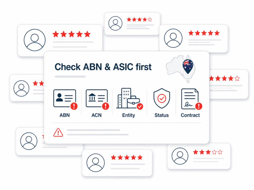 Australia ABN and ASIC check graphic with ABN, ACN, entity, status and contract checks beside an Australia map pin UI.