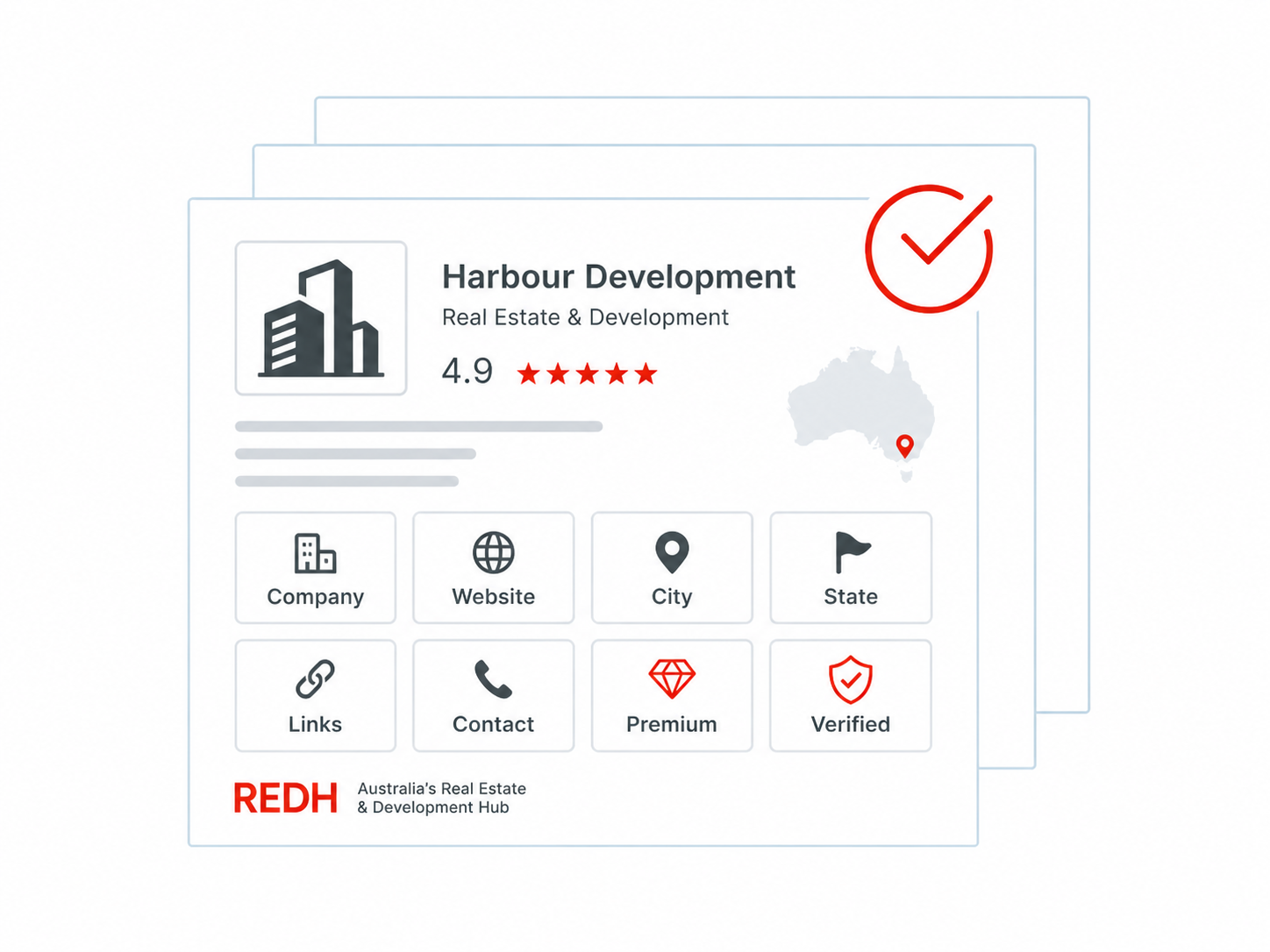 Australia REDH profile card showing company, website, city, state, links, contact, premium and verified profile details page.