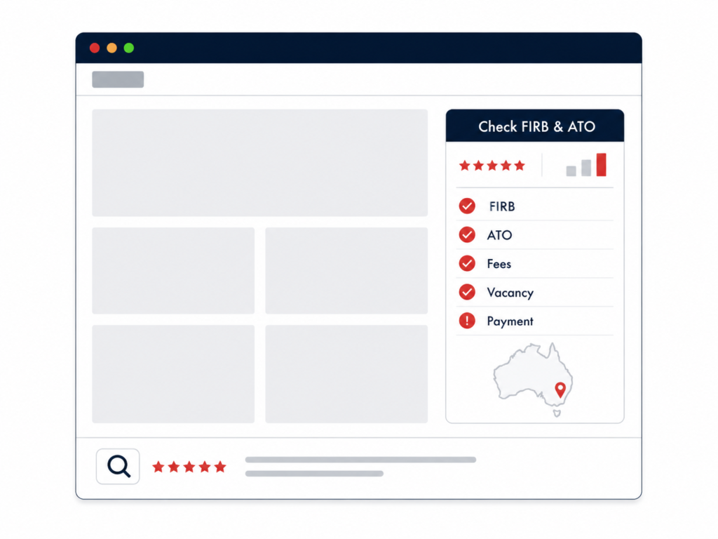 Australia foreign buyer rules dashboard showing FIRB, ATO, fees, vacancy and payment checks with review bar and map pin UI.