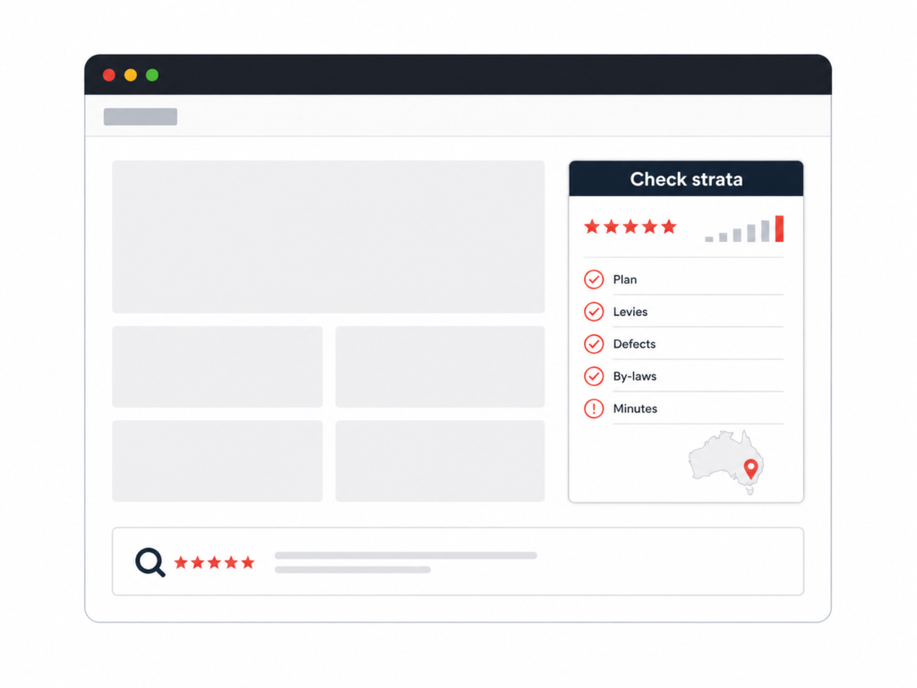 Australia strata checks dashboard with plan, levies, defects, by-laws and minutes checklist beside a map pin and review bar.