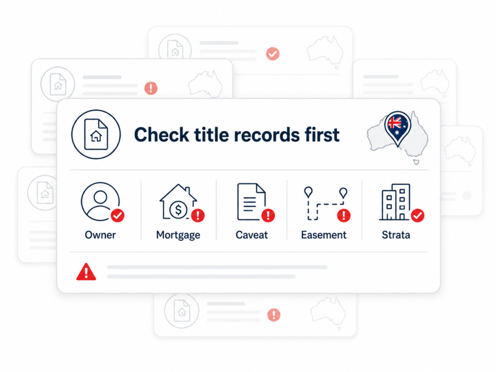 Australia title records dashboard showing owner, mortgage, caveat, easement, strata and Australia map pin checks for buyers.