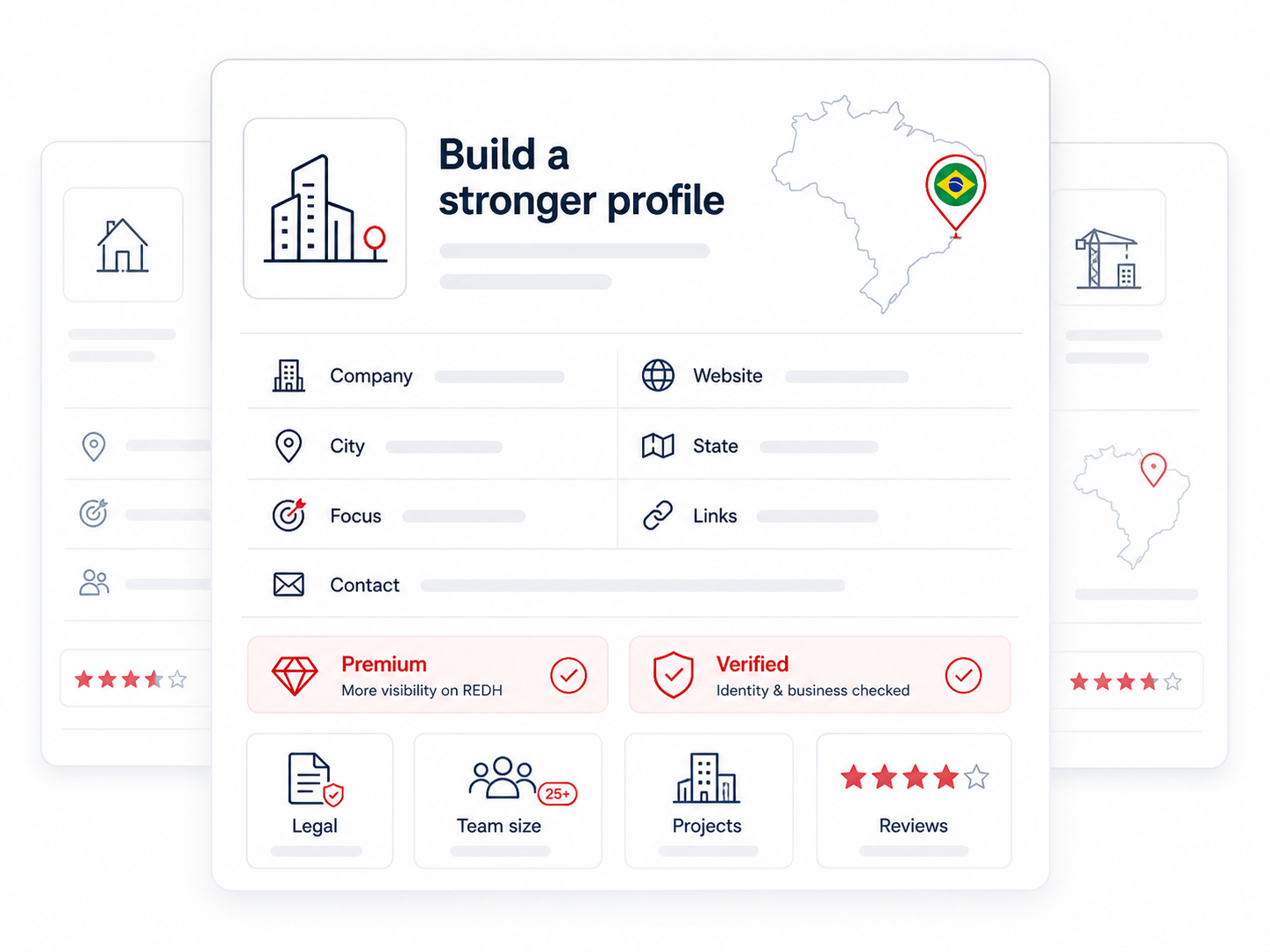 Brazil REDH profile dashboard showing company, website, city, state, focus, links, contact, premium and verified info.