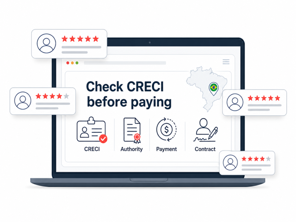 Brazil broker check graphic with CRECI, authority, payment and contract checks, plus review cards around a laptop UI.