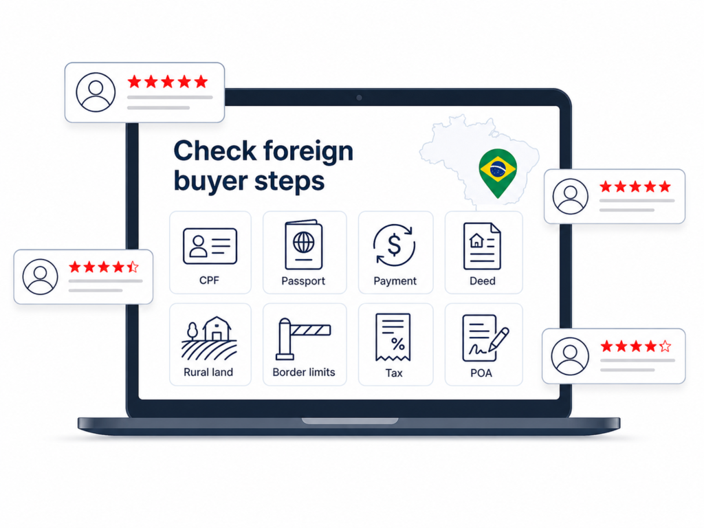 Brazil foreign buyer checklist graphic showing CPF, passport, payment, deed, rural land, border limits, tax, and POA steps.
