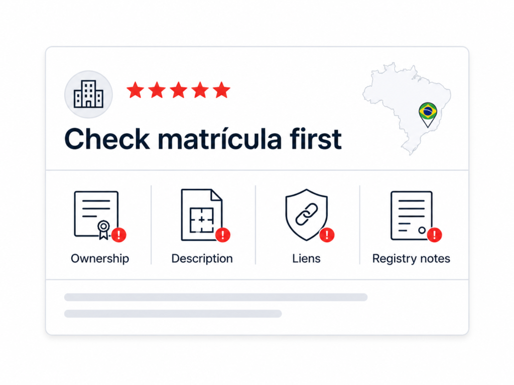 Brazil matricula registry check graphic showing ownership, property description, liens and registry notes before any signing.