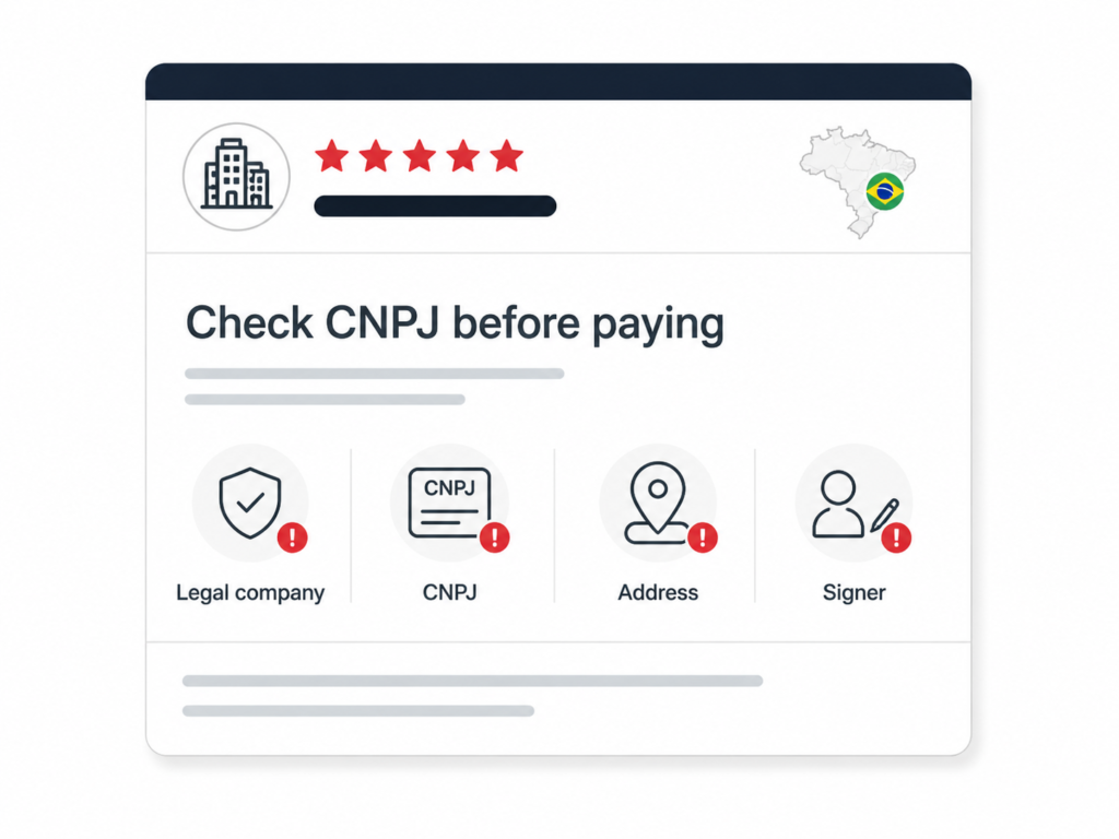 Brazil real estate CNPJ check graphic with legal company, CNPJ, address and signer checks before payment in UI card.