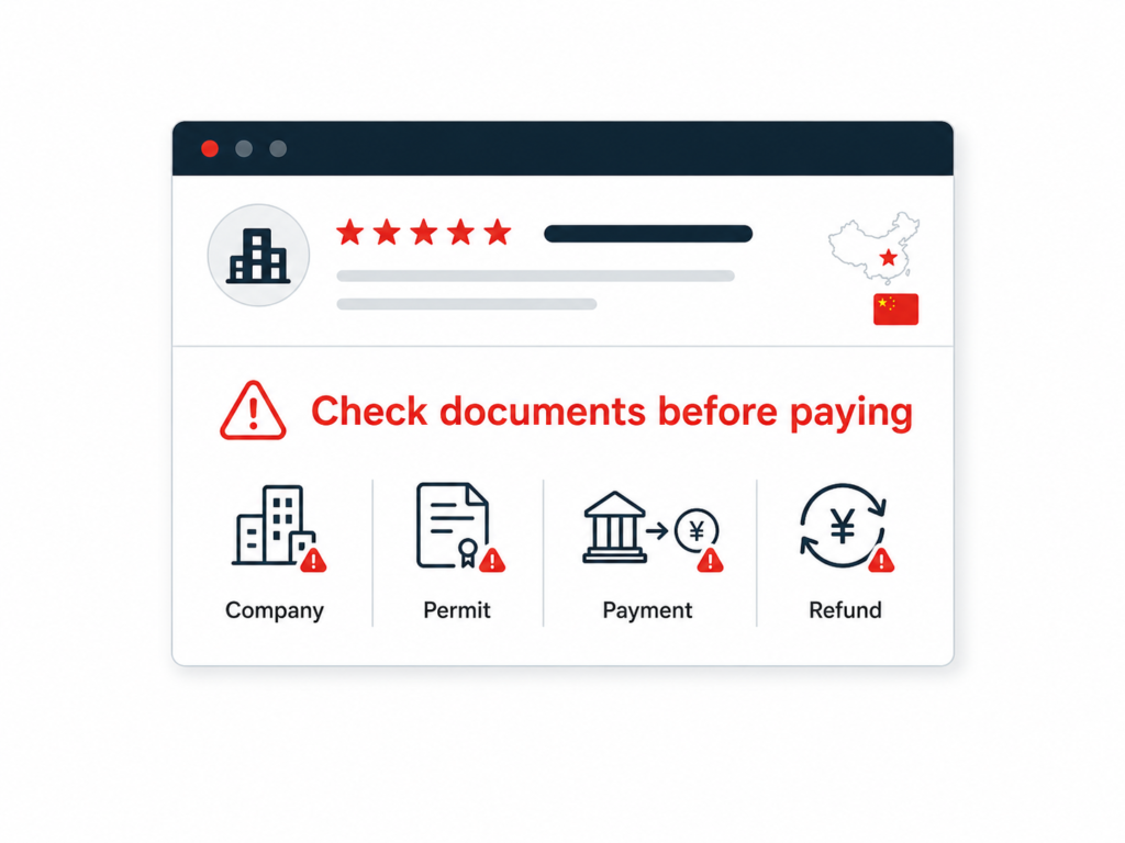 China developer warning card saying check documents before paying, with company, permit, payment and refund checks for China