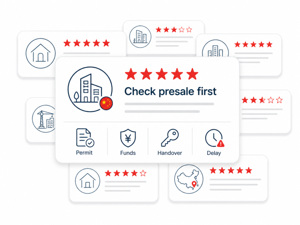 China presale review card showing permits, funds, handover and delay checks, with layered developer panels, white UI layout.