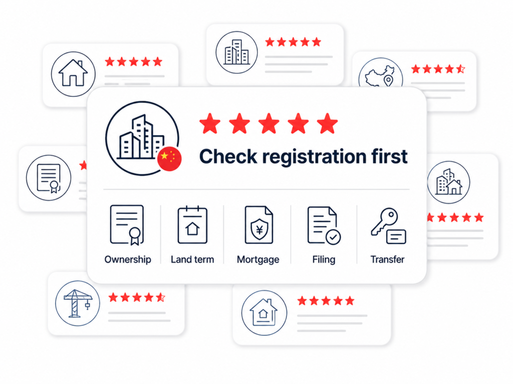 China property registration infographic showing ownership, land term, mortgage, filing, and transfer checks before sale step
