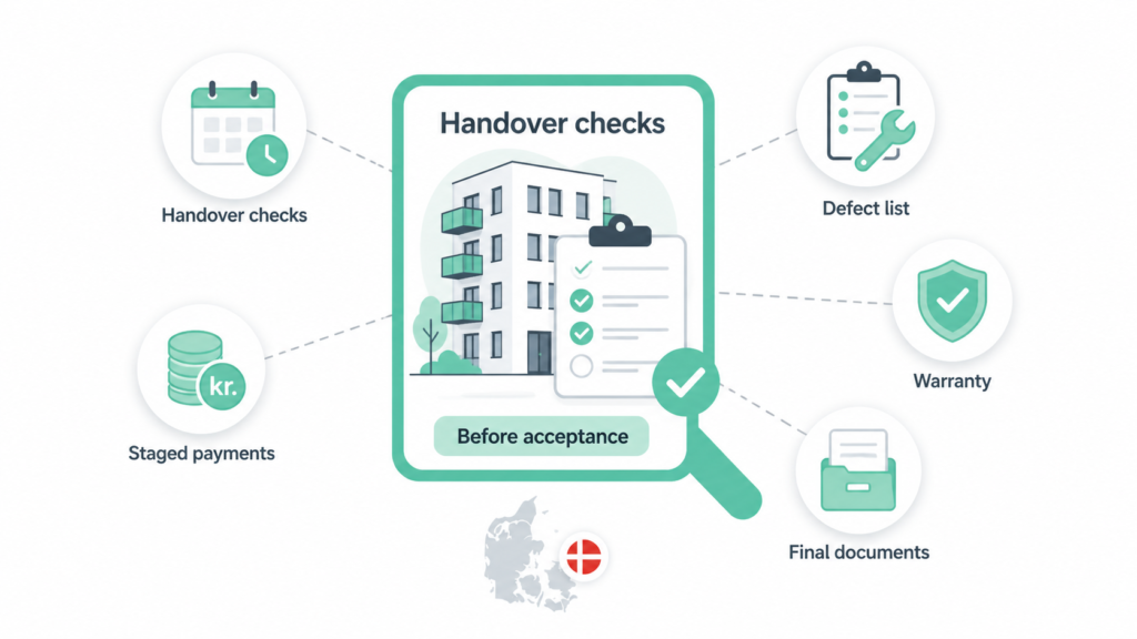 Denmark handover checks infographic with staged payments, defect list, warranty, final documents, and acceptance review step.