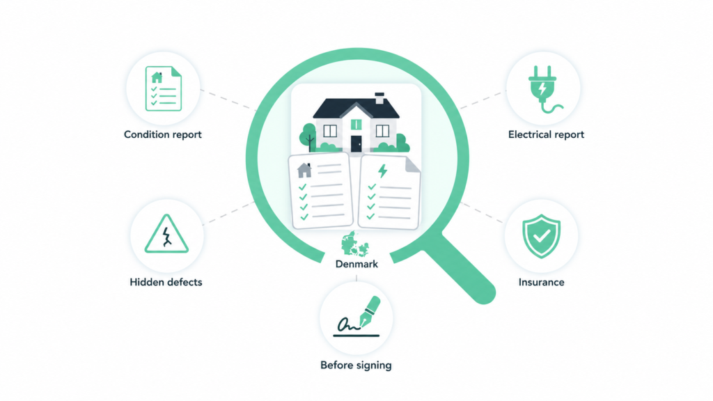 Denmark property condition document infographic with condition report, electrical report, insurance and hidden defect checks.
