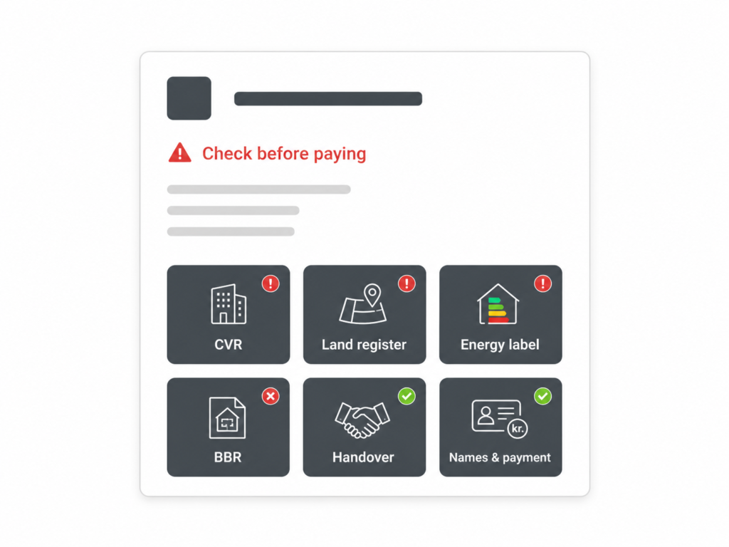 Denmark property warning card showing check before paying, with CVR, land register, energy label, BBR, handover and payments.