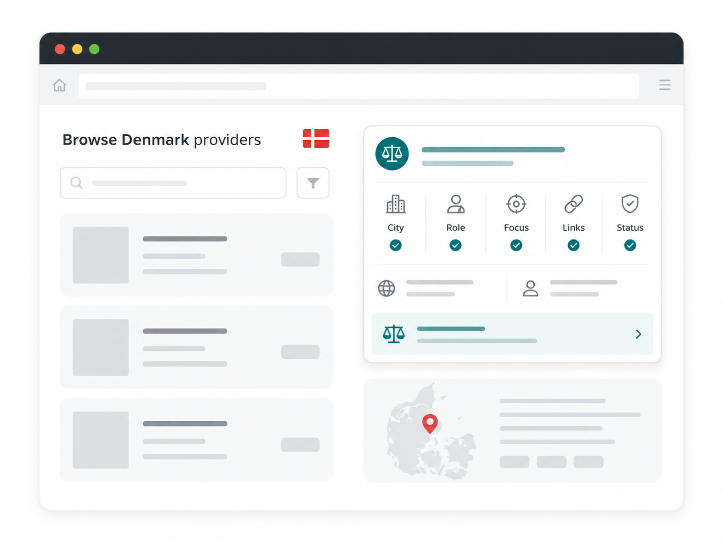 Denmark providers browse page with search bar, profile list, compare card, map, and city, role, focus, links, status data UI.