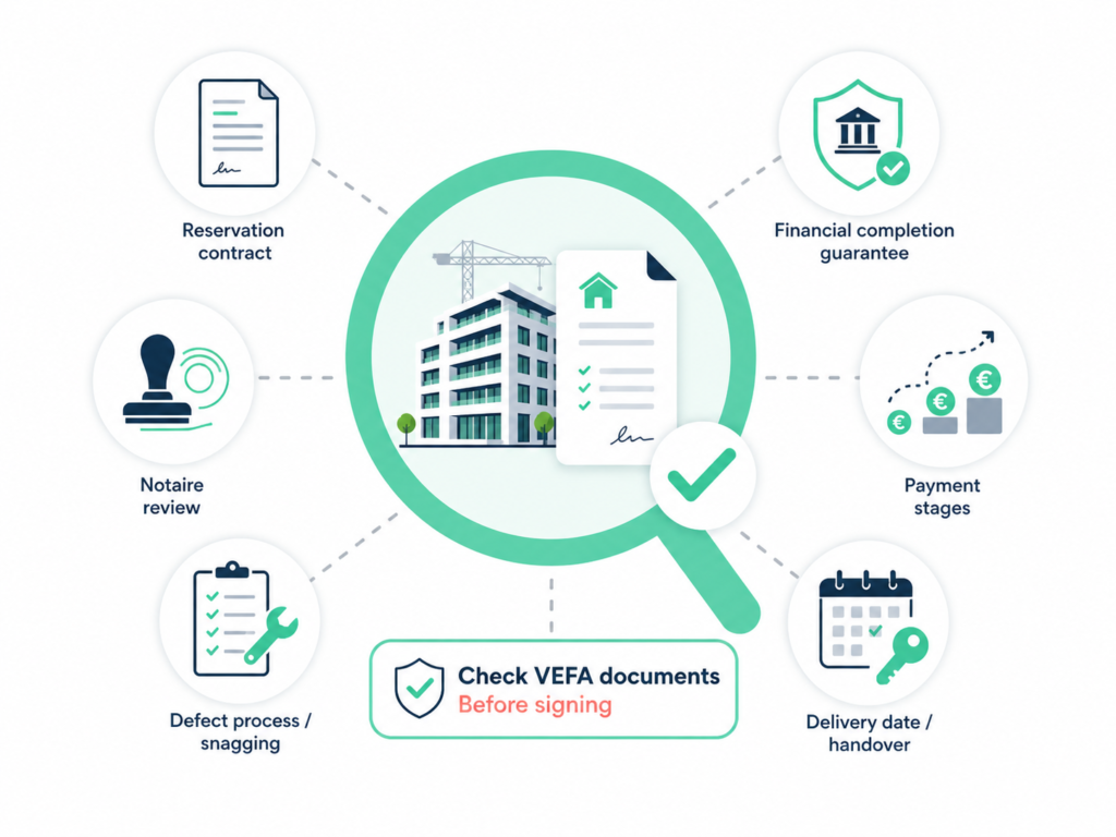 France VEFA infographic showing reservation contract, payment stages, notaire review, handover checks before signing safely.