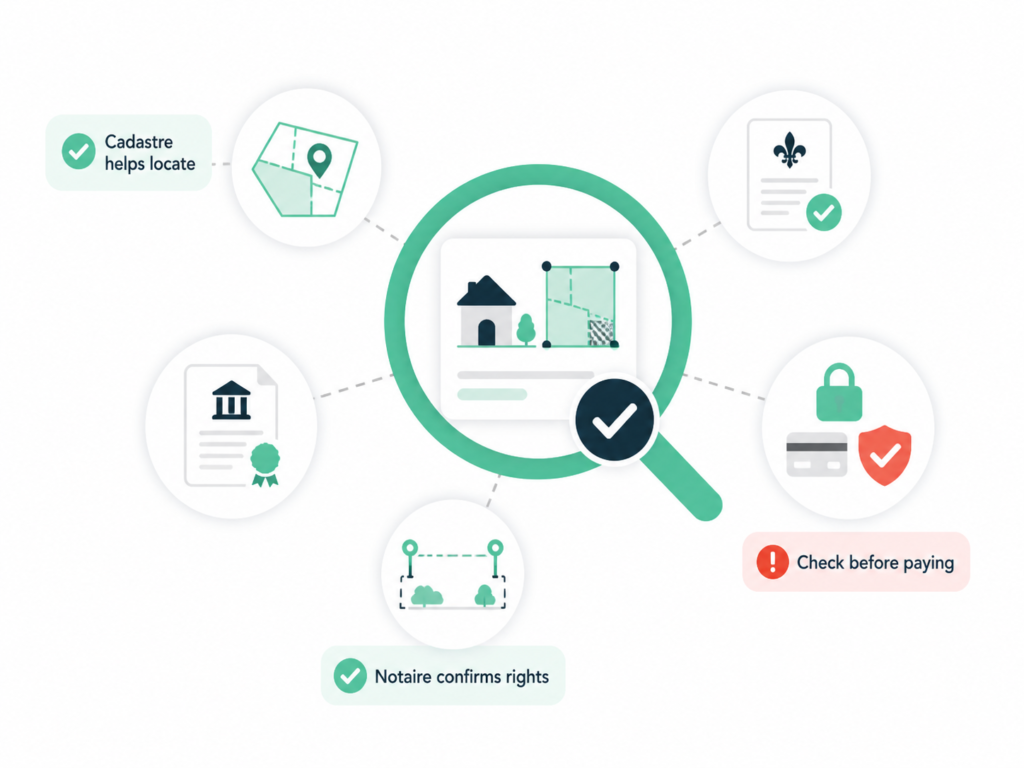 France property check infographic showing cadastre map, notaire review, ownership checks, and payment warnings before paying.