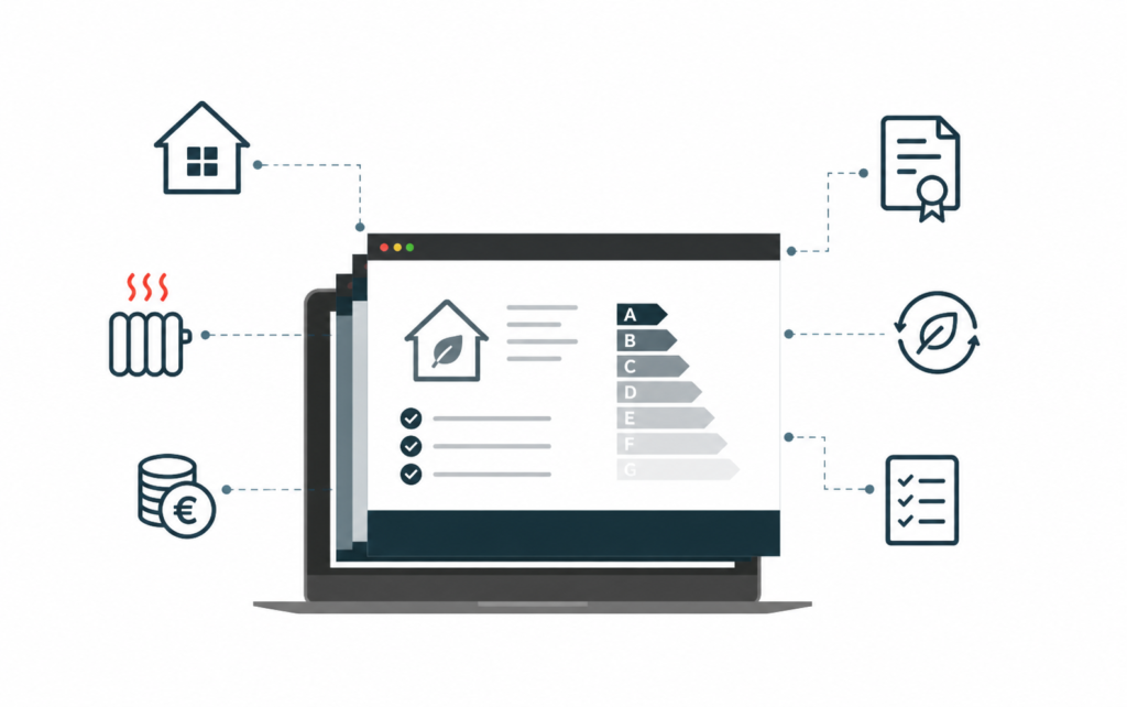 Germany energy checks infographic with laptop, energy rating, heating, costs, certification, and sustainability review icons.