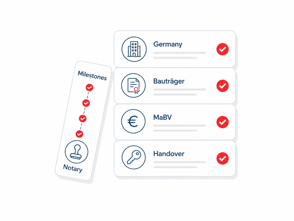 Germany new-build payment check infographic showing Bauträger contract, MaBV stages, notary, handover, and payment flow map.