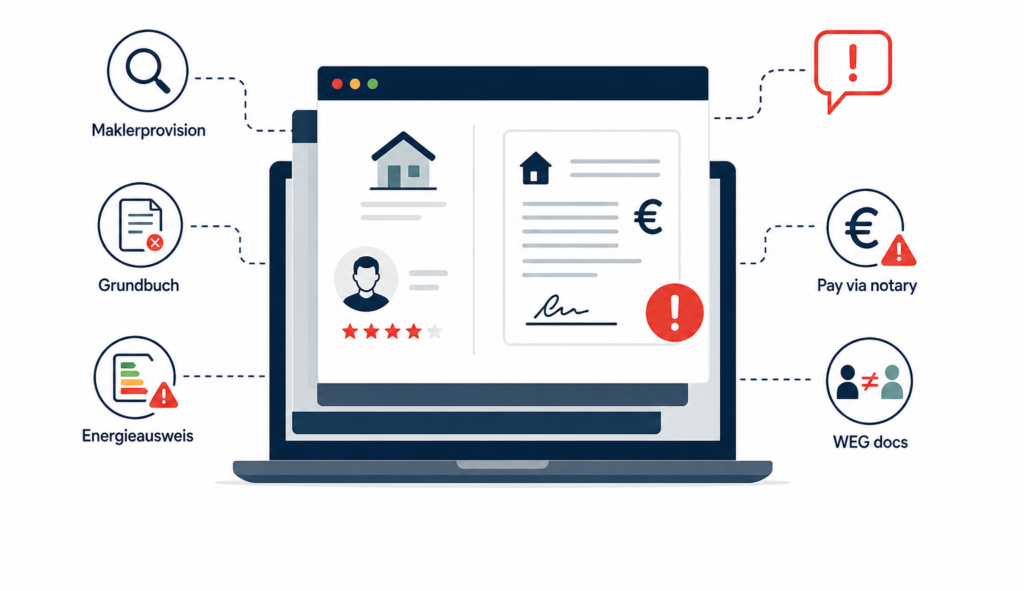 Germany property warning signs infographic with laptop, contract, euro, Grundbuch, Energieausweis, WEG docs, and risk alerts.