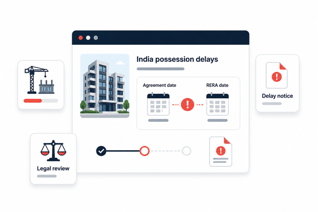 India possession delay infographic showing agreement date, RERA date, delay notice, site progress, and legal review checks.
