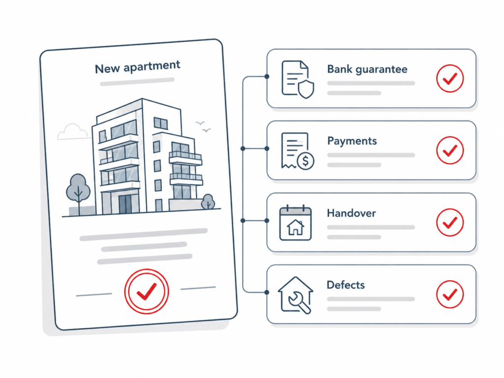 Israel new apartment infographic showing bank guarantee, payments, handover, and defect checks before safe property purchase.