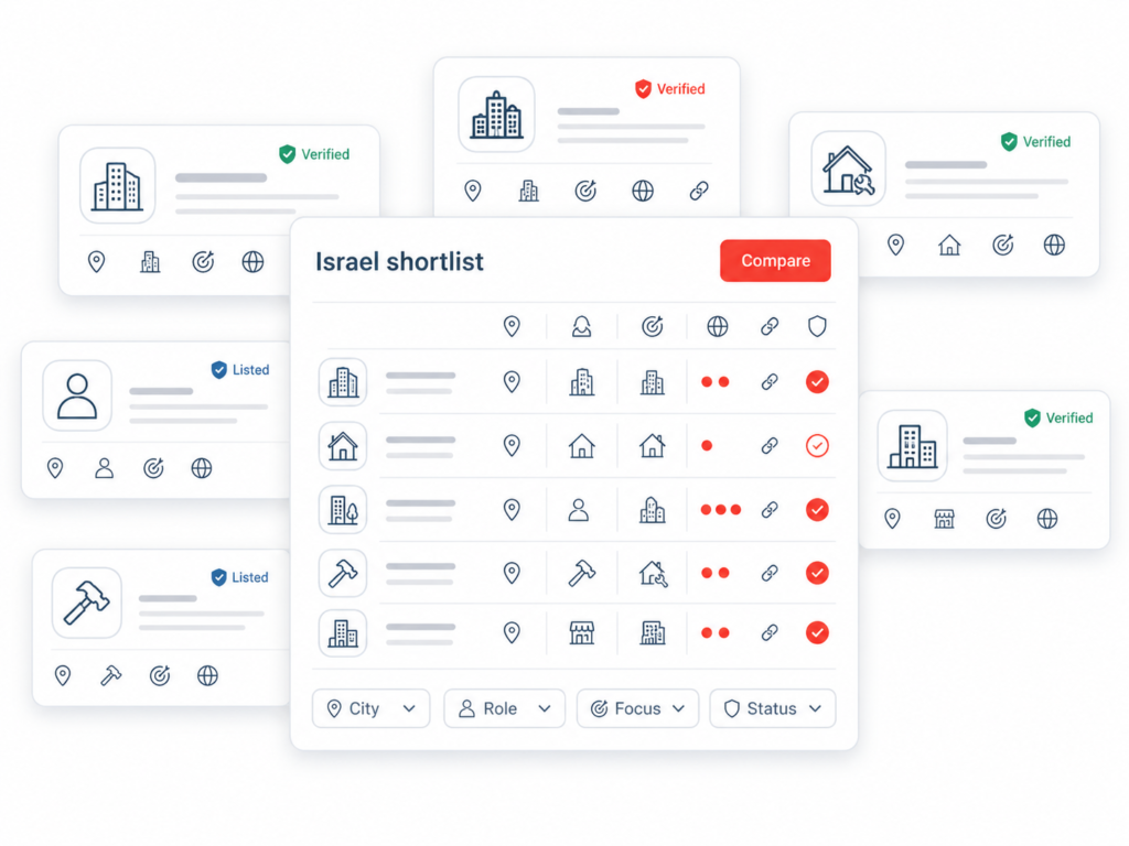 Israel real estate warning infographic showing company name, Tabu, bank guarantee, legal review, and fast payment checks.