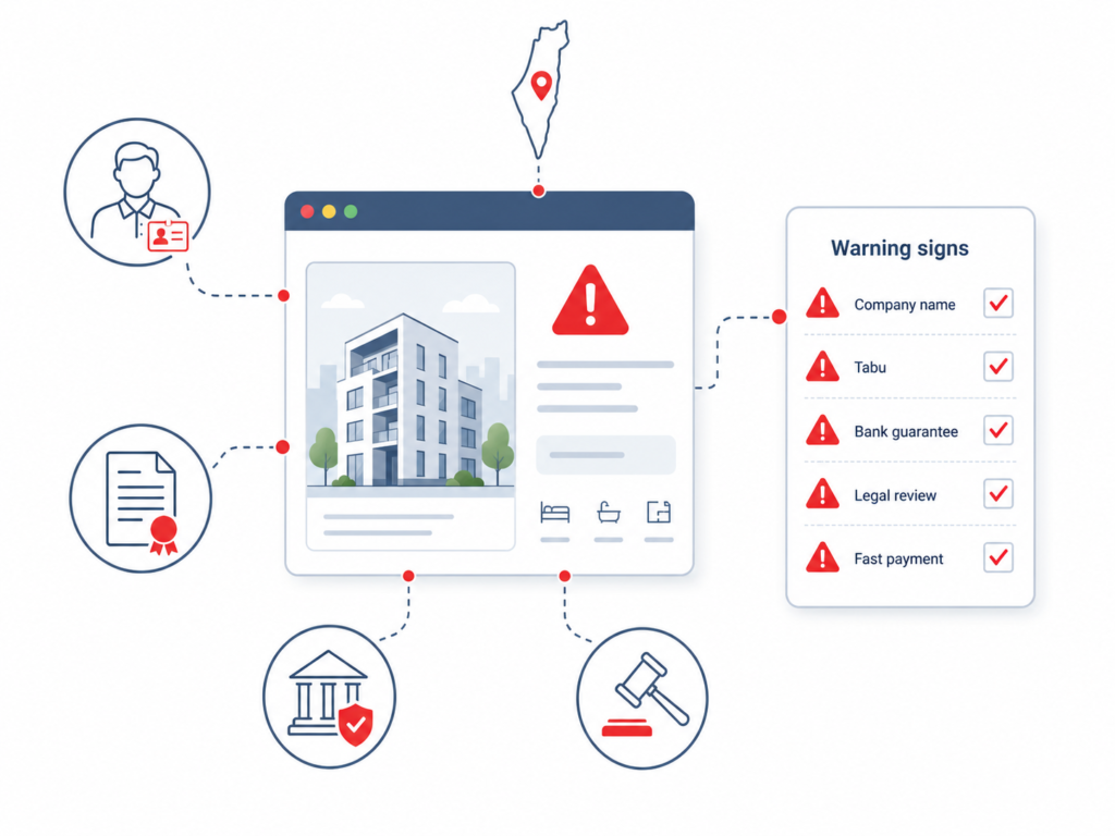Israel real estate warning infographic showing company name, Tabu, bank guarantee, legal review, and fast payment key checks.