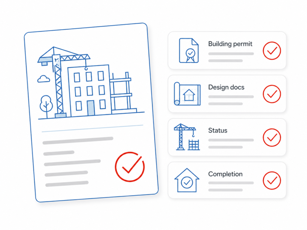 Lithuania construction permit infographic showing building permit, design plans, status, and completion checks for projects.