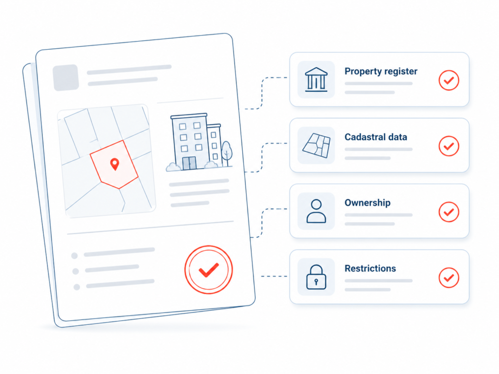 Lithuania property register infographic shows cadastral data, ownership, restrictions, and real estate record online checks.