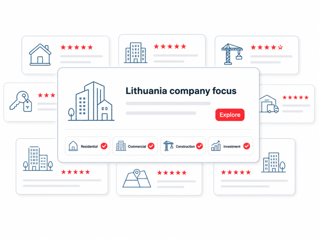 Lithuania real estate company focus infographic showing residential, commercial, construction, and investment categories map