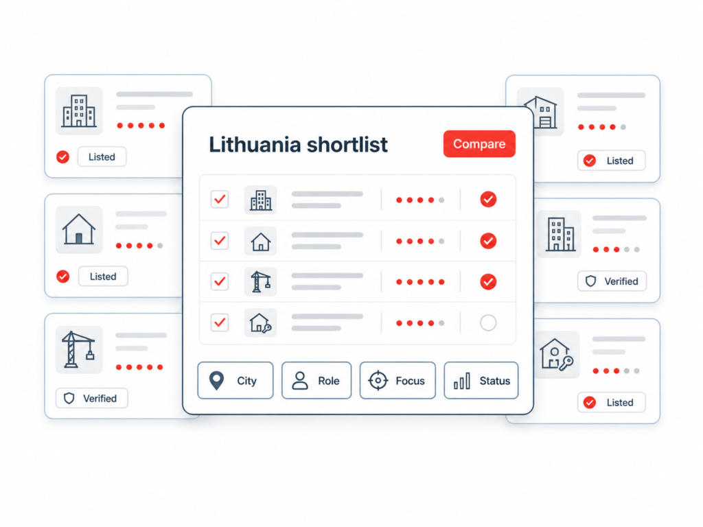 Lithuania real estate shortlist infographic shows listed and verified company comparisons by city, role, focus, and status!