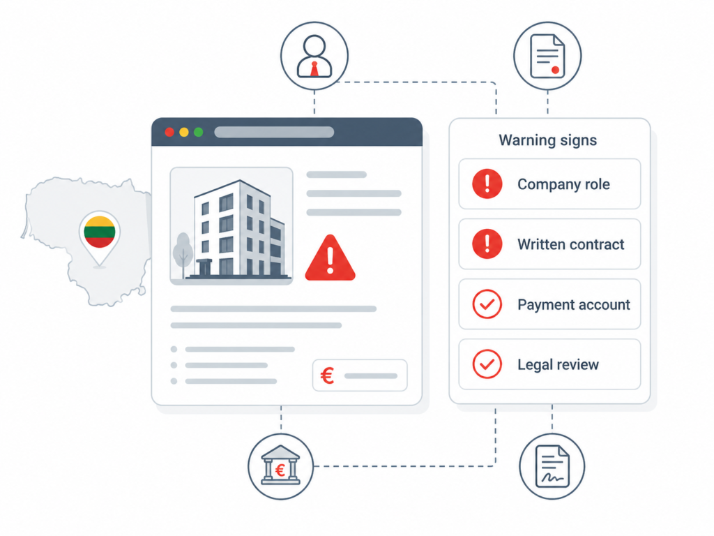 Lithuania real estate warning infographic shows agent, contract, payment, and legal review checks before deposits.