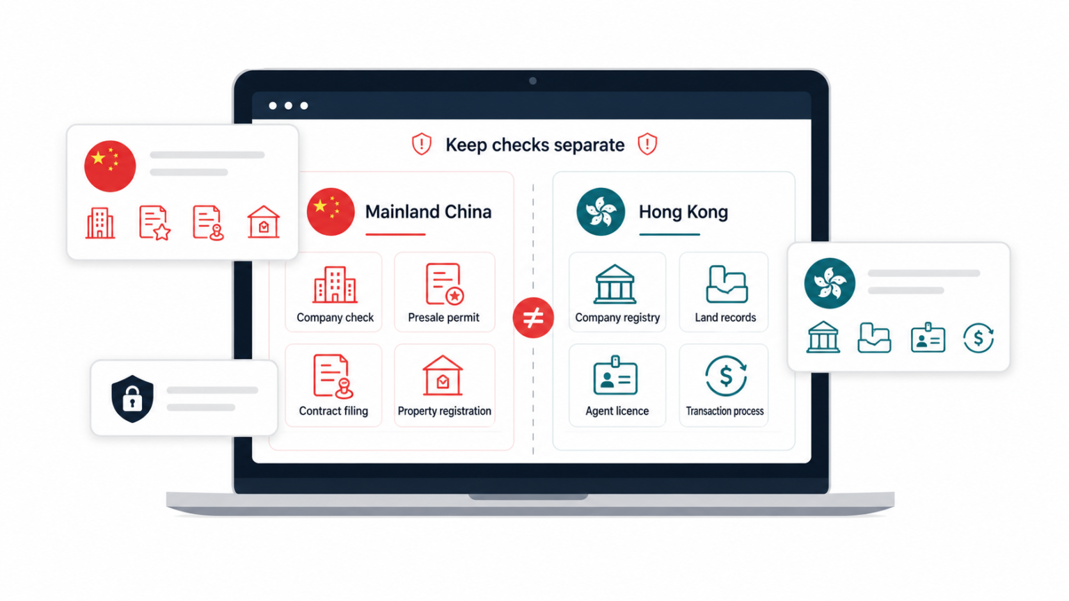 Mainland China and Hong Kong property checks graphic with separate panels for permits, land records, agent and filing process