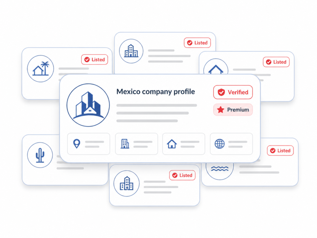 Mexico company profile cards showing listed, premium, and verified real estate business details for easier online review now.