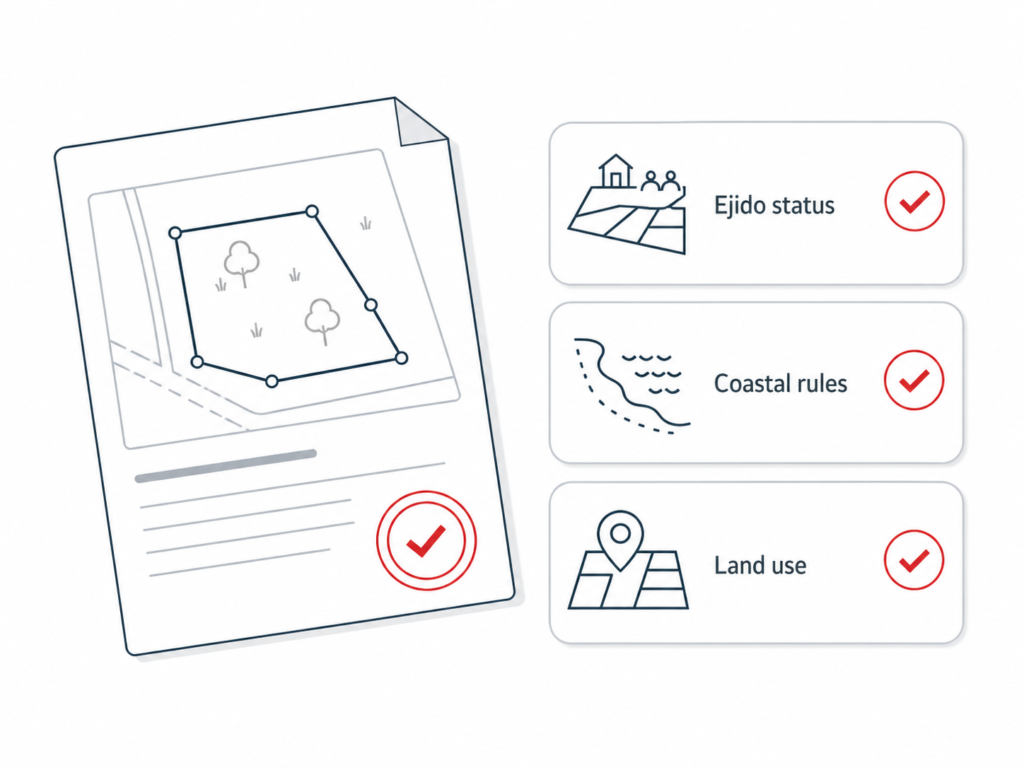 Mexico land check infographic showing ejido status, coastal rules, and land use review before buying land or property safely